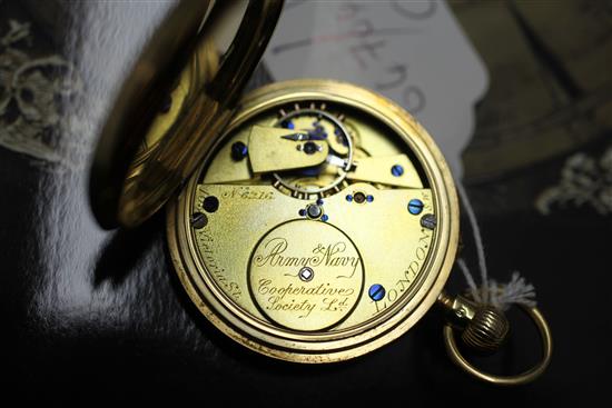 A late Victorian 18ct gold keyless lever half hunter pocket watch by Army & Navy Co-operative Society Ld, London,